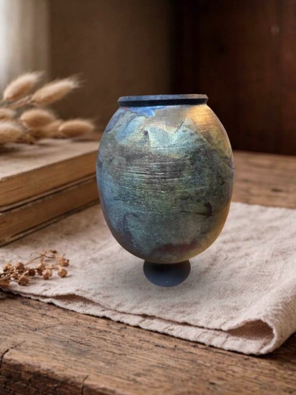 Handcrafted Raku Pottery Vase With Multicolor Iridescent Finish Unique Wabi Sabi - Picture 8 of 13